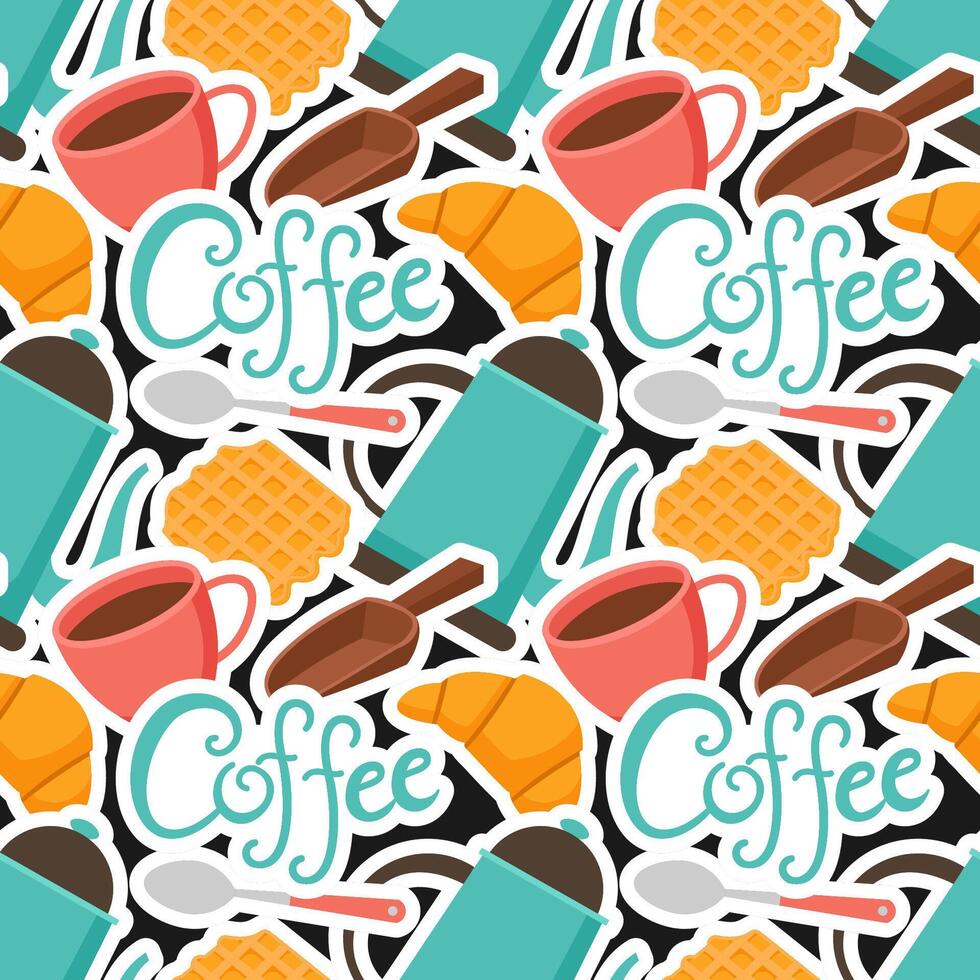 café temps sans couture modèle conception avec cacao haricots, céréales et cruche dans dessin animé plat illustration vecteur