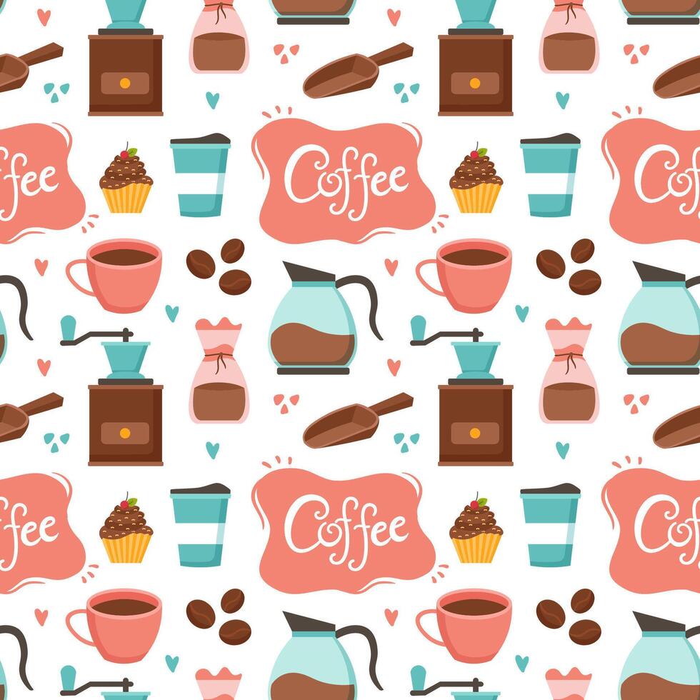 café temps sans couture modèle conception avec cacao haricots, céréales et cruche dans dessin animé plat illustration vecteur