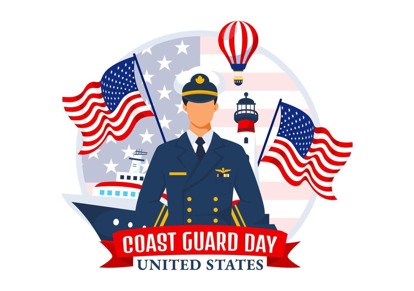 uni États côte garde journée illustration sur août 4 avec américain agitant drapeau et navire dans nationale vacances plat dessin animé Contexte vecteur