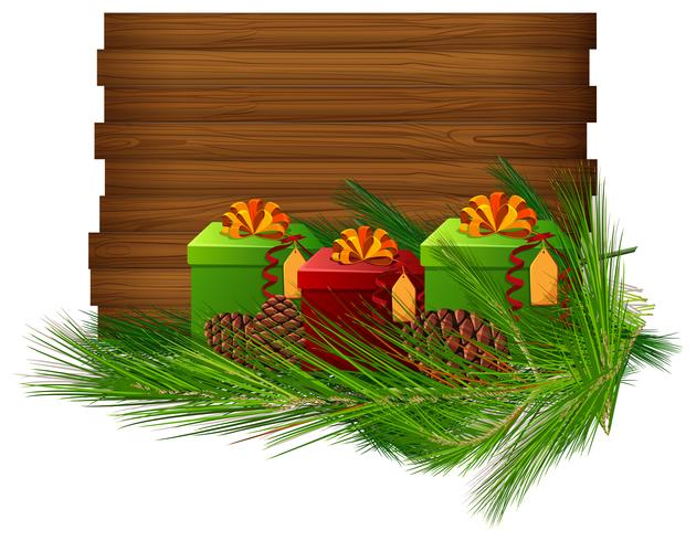 Planche de bois avec des cadeaux et des feuilles vecteur