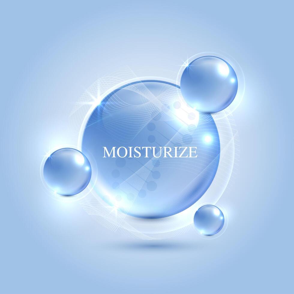 Crème hydratante et hyaluronique acide sur une bleu Contexte. peau se soucier avec l'eau gouttelettes est absorbé dans le peau et cellules. utilisation les publicités, lotions, les sérums, crèmes. médical et scientifique concepts. . vecteur