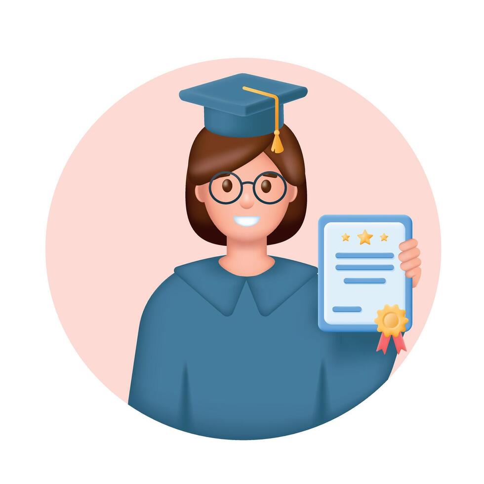 souriant Jeune femme dans l'obtention du diplôme casquette avec diplôme dans main. diplômé, éducation, apprentissage, connaissance concept. vecteur