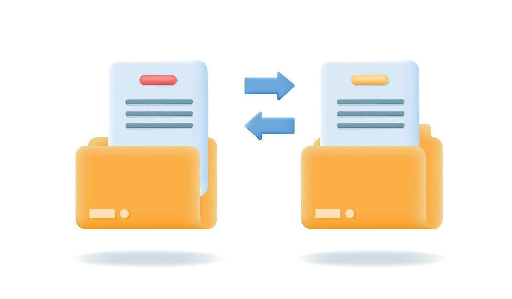 Jaune Dossiers avec papier documents. 3d réaliste fichier transfert concept. copie des dossiers, Les données échange, sauvegarde, migration, fichier partage. vecteur