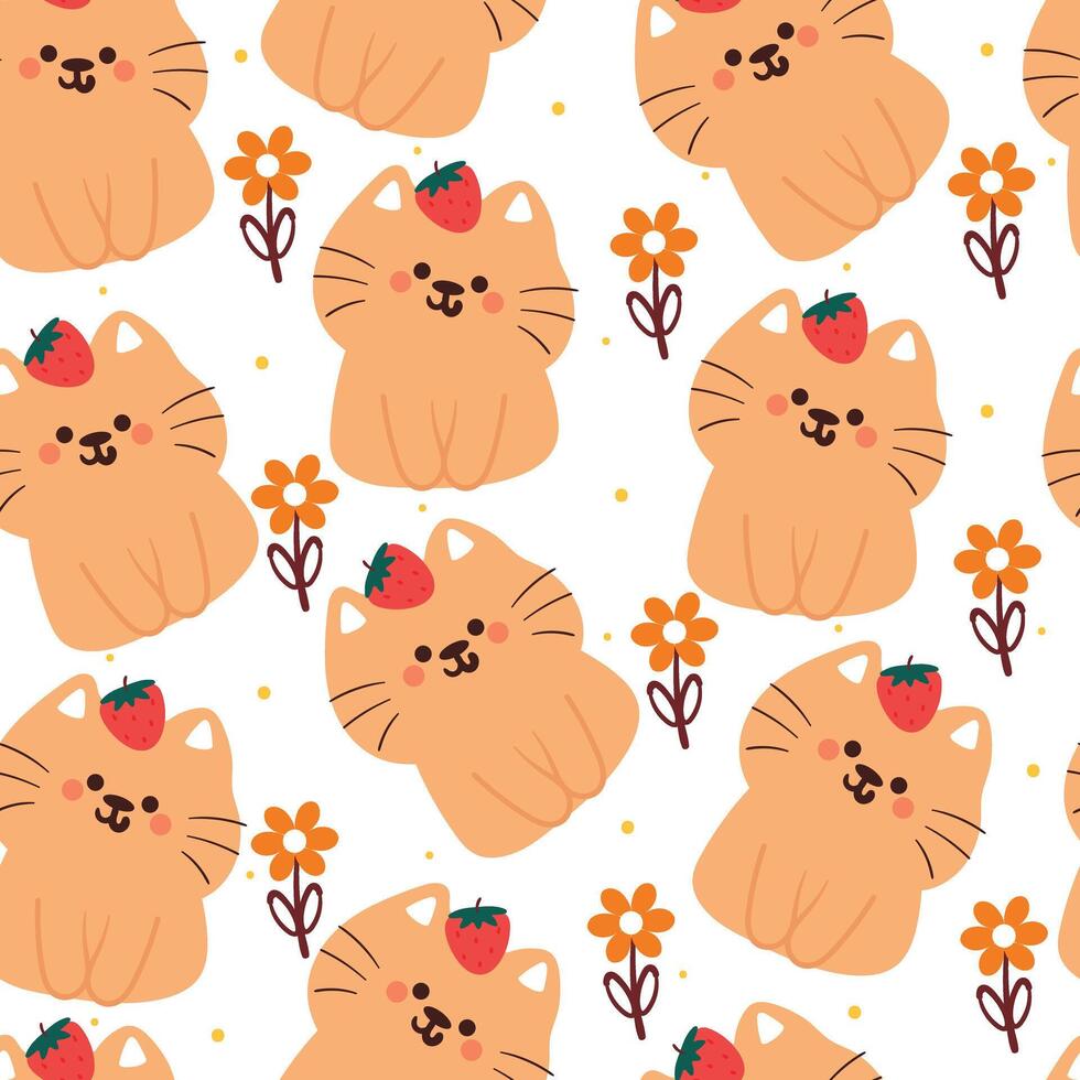 chat et fleur de dessin animé de modèle sans couture. papier peint animal mignon pour textile, papier cadeau vecteur