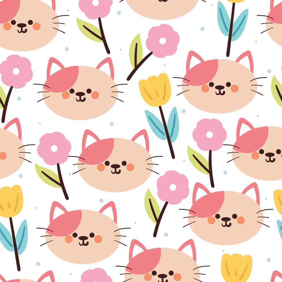 chat et fleur de dessin animé de modèle sans couture. papier peint animal mignon pour textile, papier cadeau vecteur