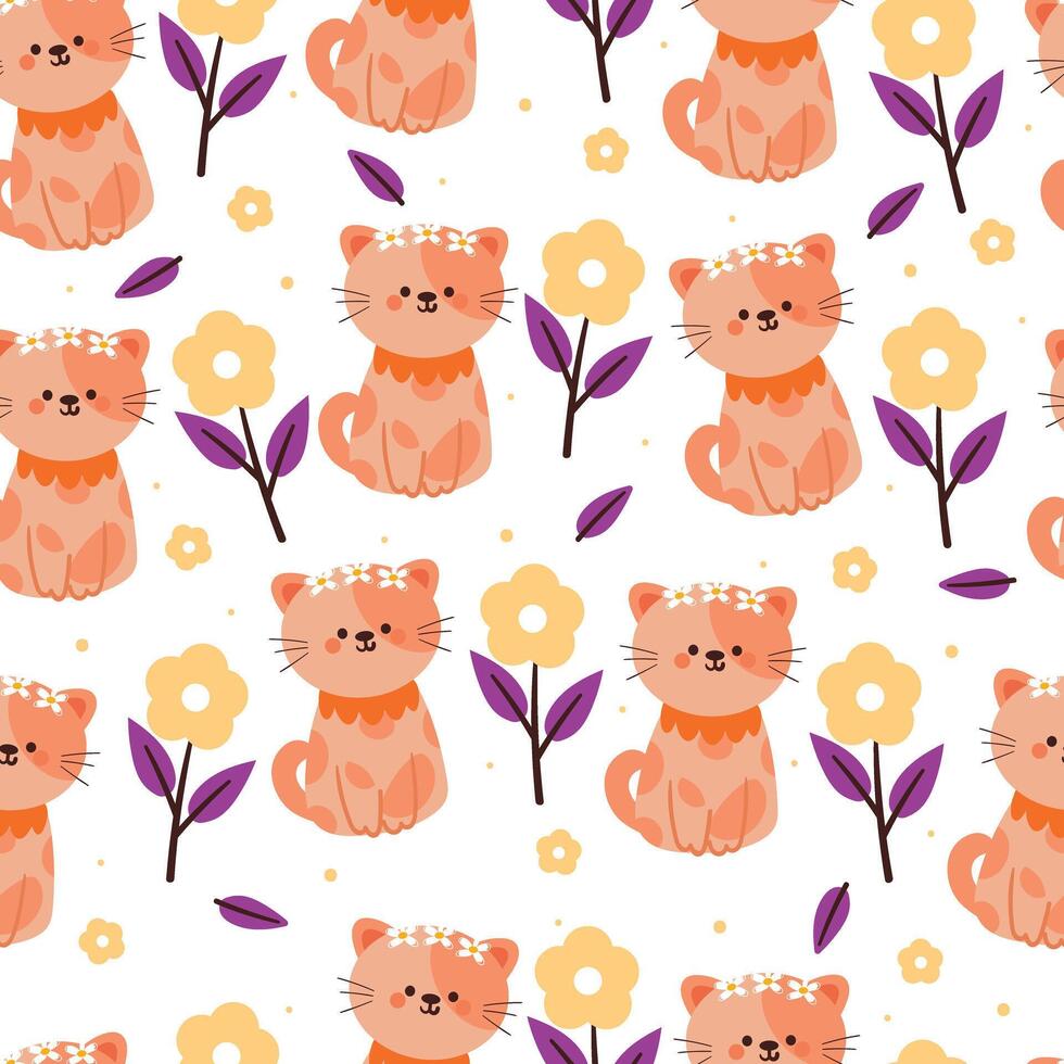 chat et fleur de dessin animé de modèle sans couture. papier peint animal mignon pour textile, papier cadeau vecteur