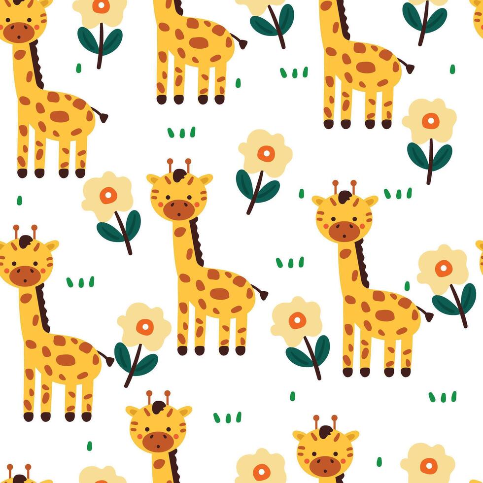 sans couture modèle dessin animé girafe avec fleur, plante et arbre. mignonne animal fond d'écran pour textile, cadeau emballage papier vecteur