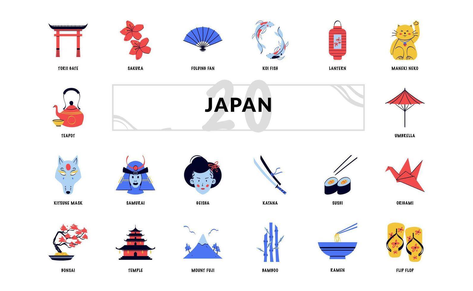 Japon Asie culture et tourisme vacances dessiné à la main griffonnage icône ensemble vecteur
