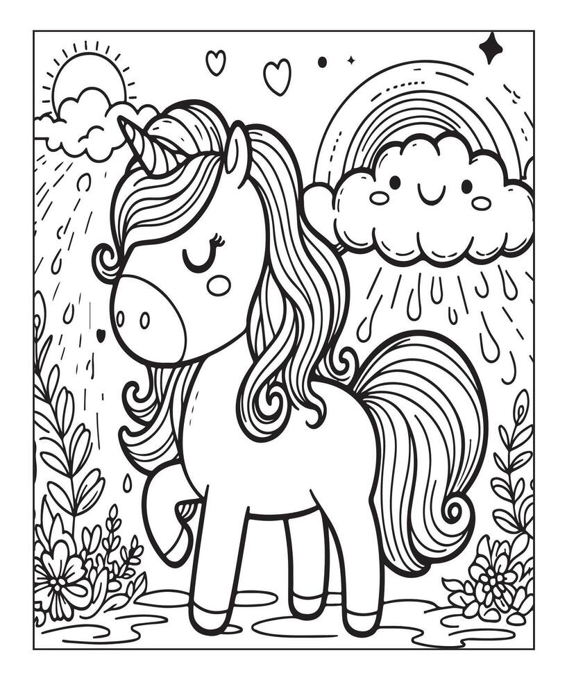 Facile Licorne coloration page avec Licorne et nuage vecteur