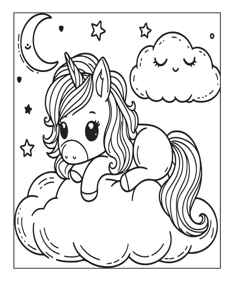 Facile Licorne coloration page avec Licorne et nuage vecteur