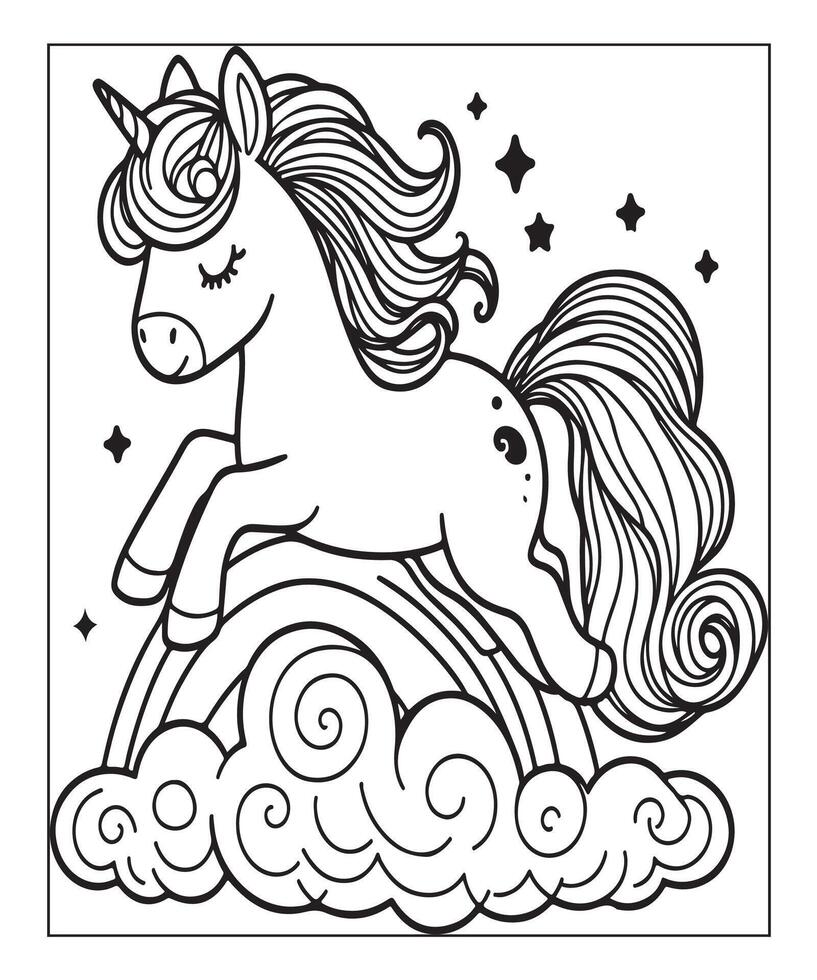 Facile Licorne coloration page avec Licorne et nuage vecteur