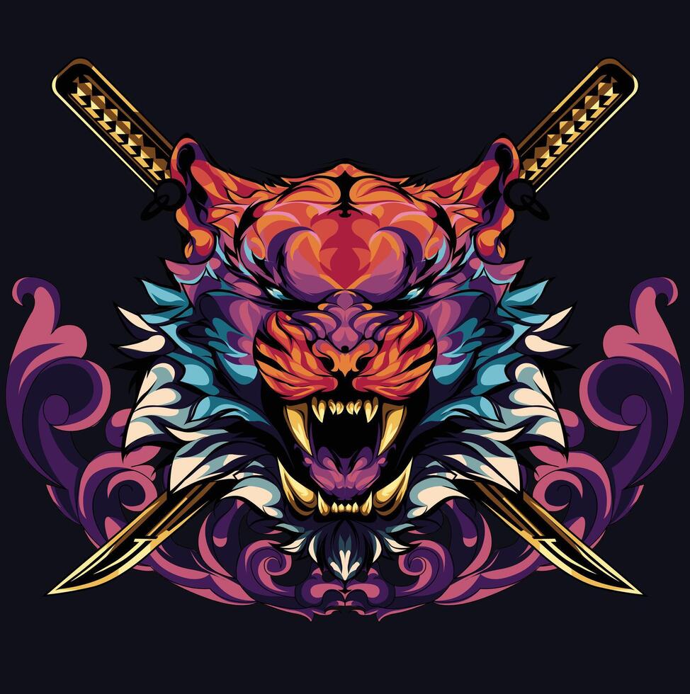 tigre samouraï illustration avec épée derrière vecteur