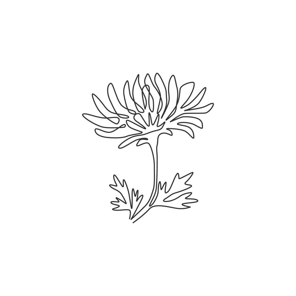 une ligne continue de dessin de chrysanthème frais de beauté pour le logo de jardin. concept de fleur de maman décorative imprimable pour l'impression d'affiches d'art mural de décoration intérieure. illustration vectorielle de conception de dessin à une seule ligne moderne vecteur