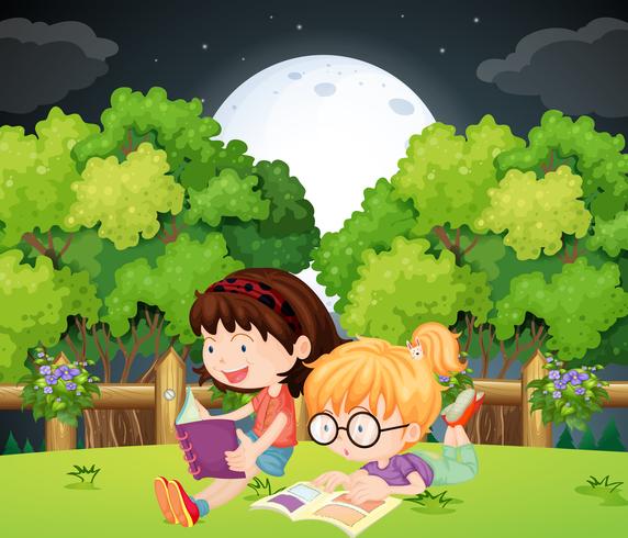 Livre de lecture de filles dans un parc la nuit vecteur