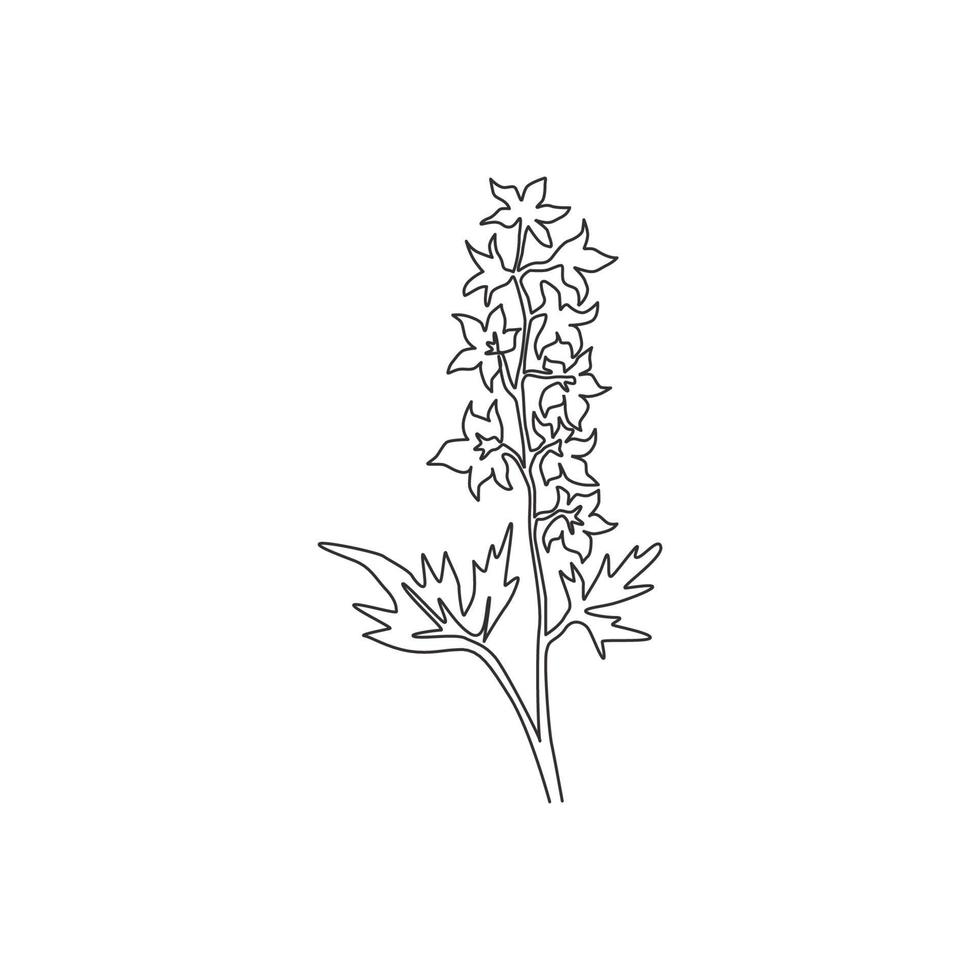 un seul dessin au trait beauté frais pied d'alouette pour le logo du jardin. décoratif du concept de delphinium vivace pour l'impression d'affiches d'art de décoration murale à la maison. ligne continue moderne dessiner illustration vectorielle de conception vecteur