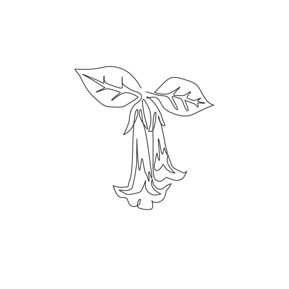 dessin d'une seule ligne de beauté fraîche brugmansia pour le logo de jardin. concept décoratif de fleur de trompette d'ange pour l'impression d'affiche d'art mural de décoration intérieure. ligne continue moderne dessiner illustration vectorielle de conception vecteur