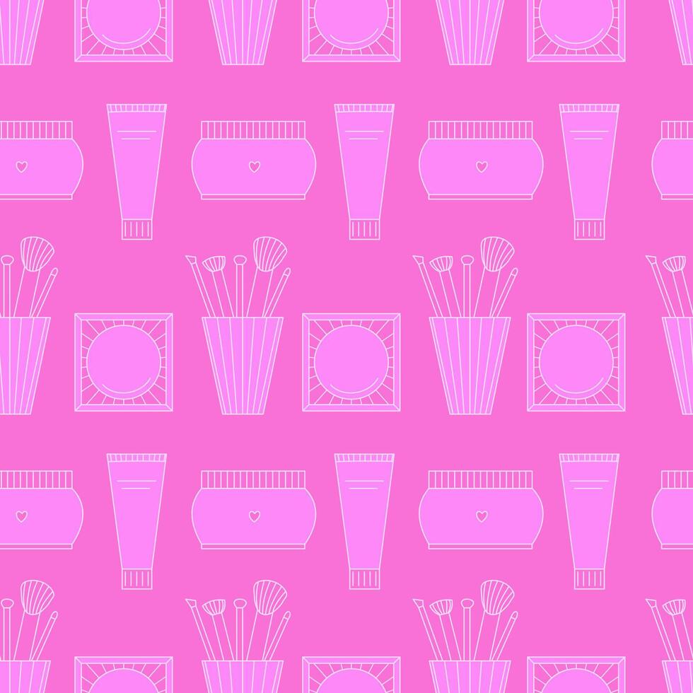 sans couture modèle de décoratif produits de beauté. rougir, poudre, crème et maquillage brosses. illustration vecteur