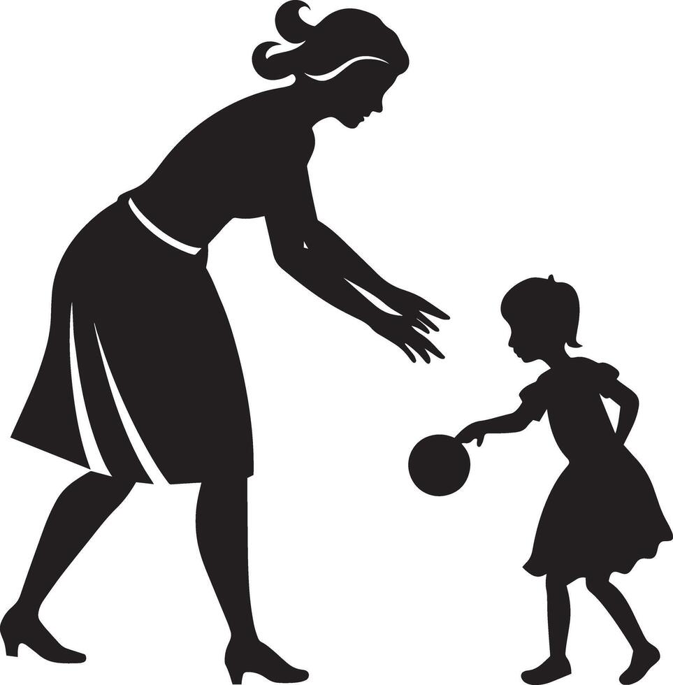 mère et fille en jouant avec balle, sillhouette illustration. vecteur