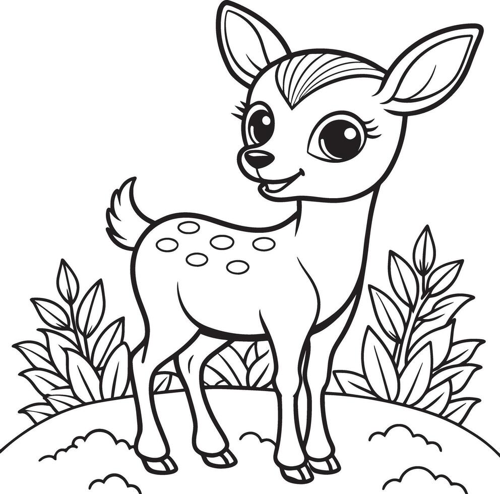 noir et blanc dessin animé illustration de mignonne peu cerf animal pour coloration livre vecteur