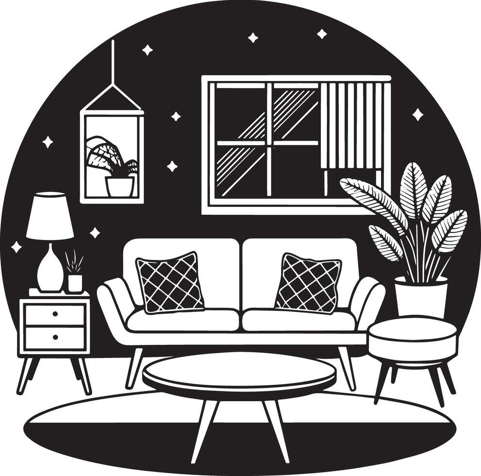 vivant pièce intérieur avec canapé, café tableau, fauteuil, lampe et les plantes. vecteur