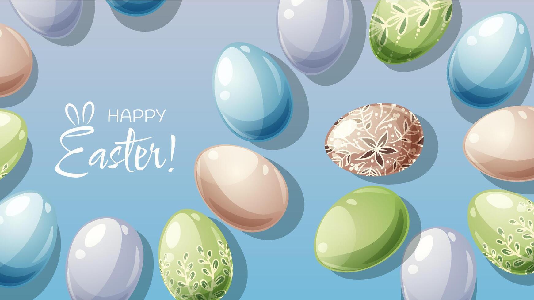 Pâques affiche et bannière modèle avec Pâques des œufs sur une bleu Contexte. printemps illustration. toutes nos félicitations et cadeaux pour Pâques dans dessin animé style vecteur