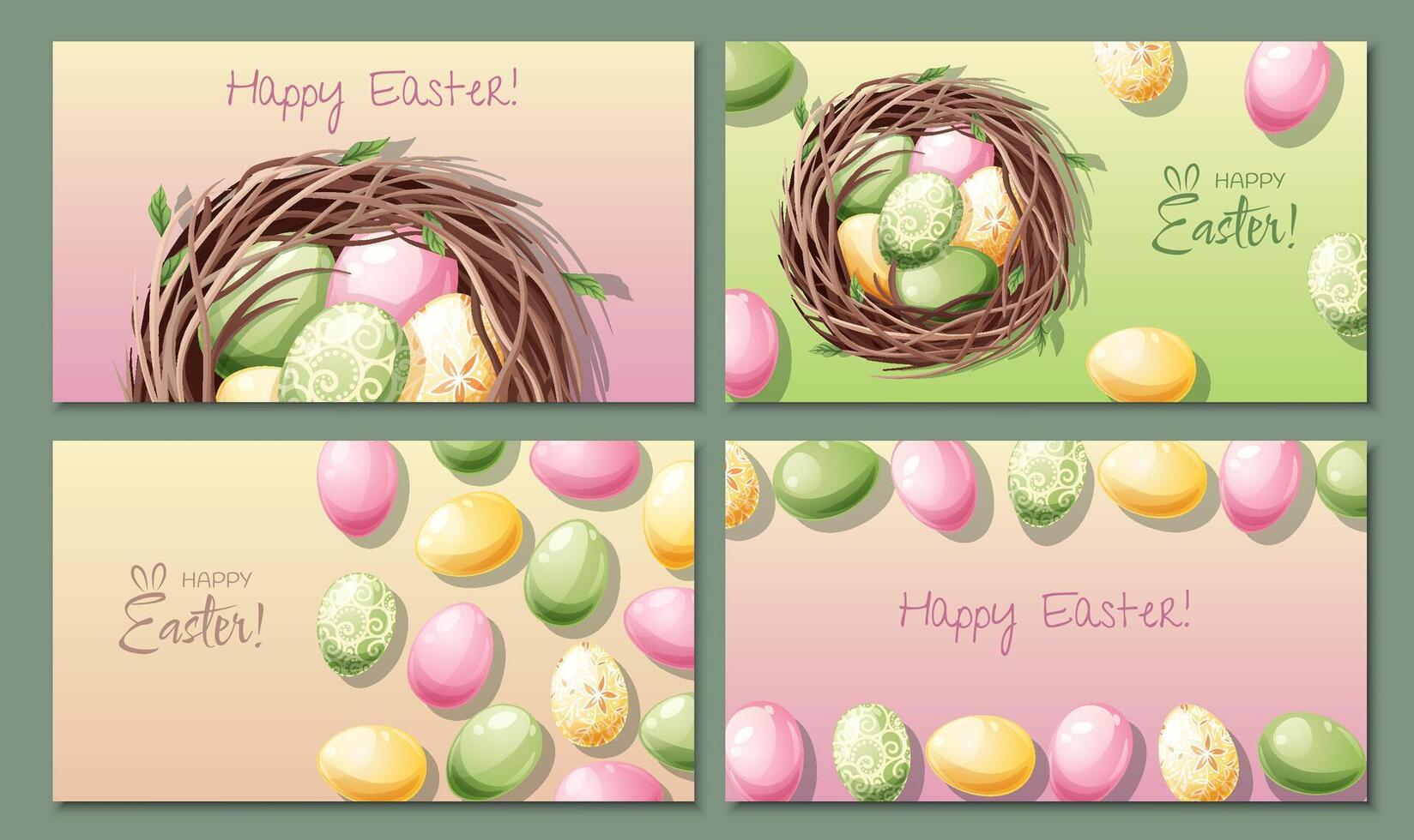 ensemble de Pâques affiches et bannières avec Pâques des œufs dans une nid sur une coloré Contexte. printemps illustration. toutes nos félicitations et cadeaux pour Pâques dans dessin animé style. vecteur