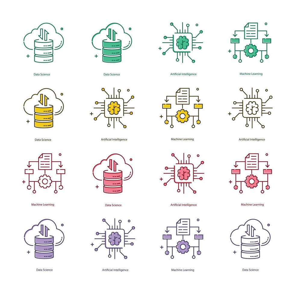 artificiel intelligence, ai, machine apprentissage, ml, Les données science illustrtaion icône dessins vecteur