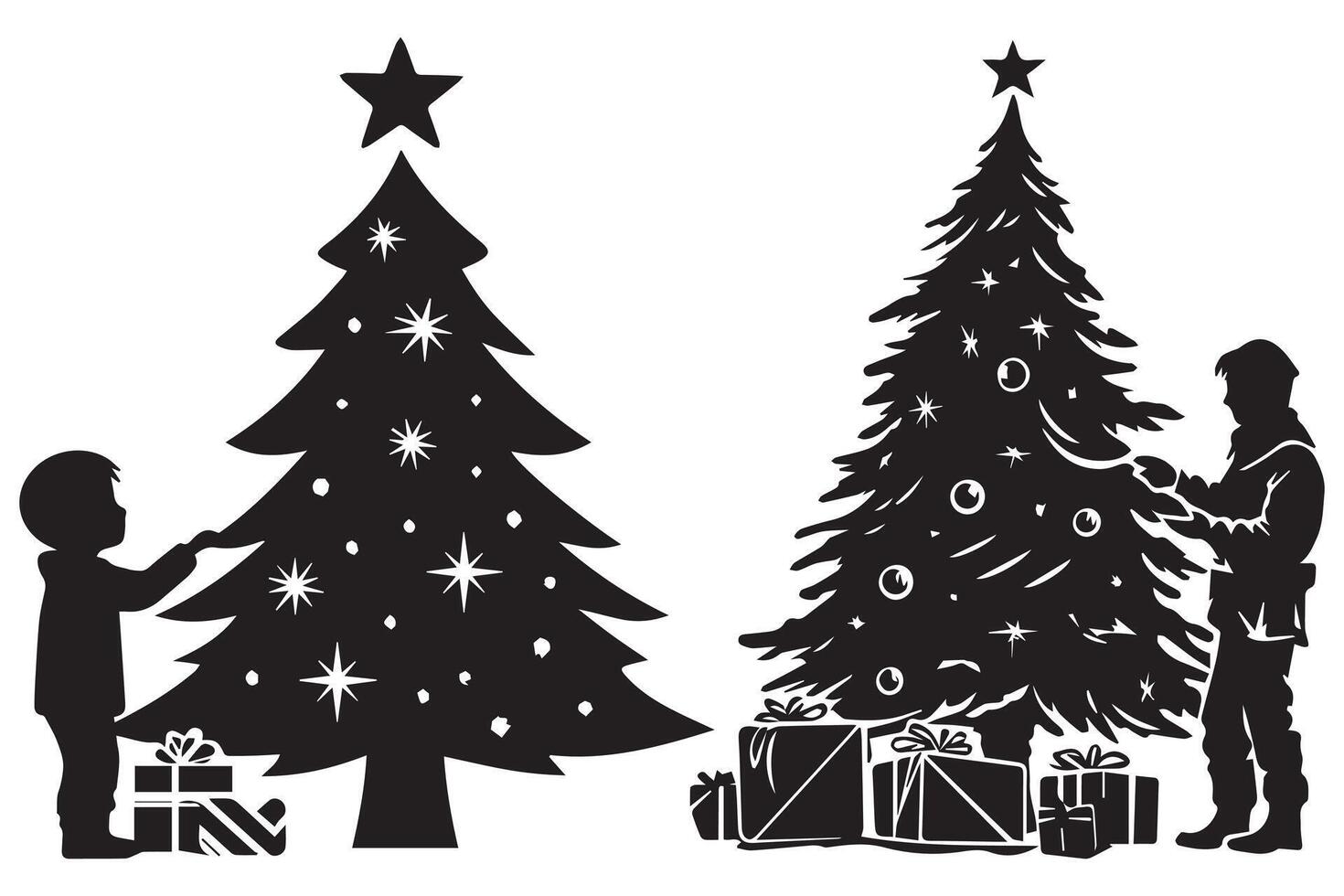 silhouette de une famille décorer une Noël arbre avec tout éléments comme séparé objets vecteur