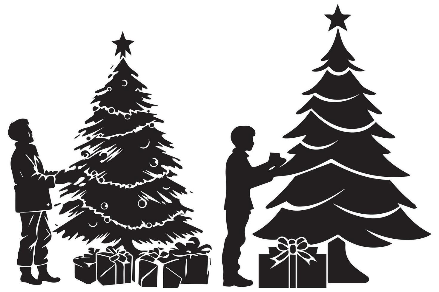 silhouette homme et cadeau en dessous de Noël arbre pro conception vecteur