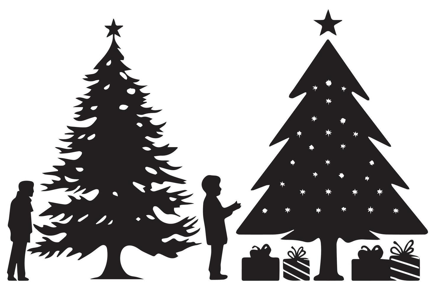 silhouette de une famille décorer une Noël arbre avec tout éléments comme séparé objets vecteur