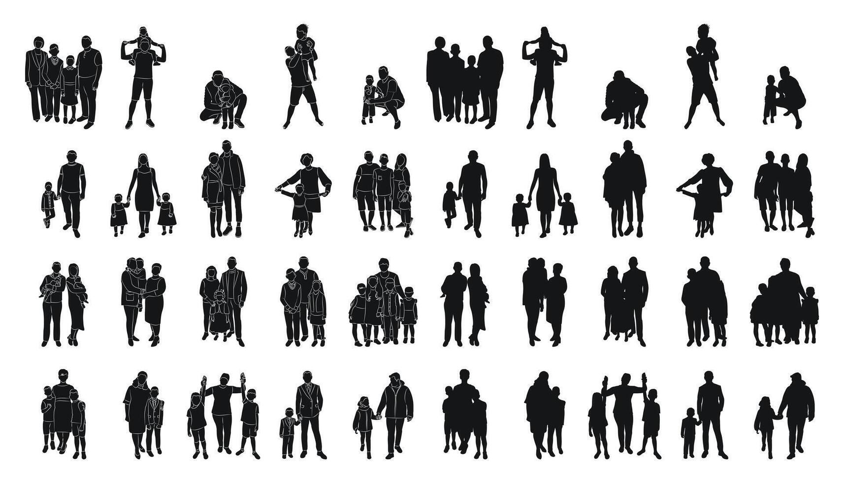 adultes et enfants, des familles, noir silhouette et contour esquisser de Les figures vecteur