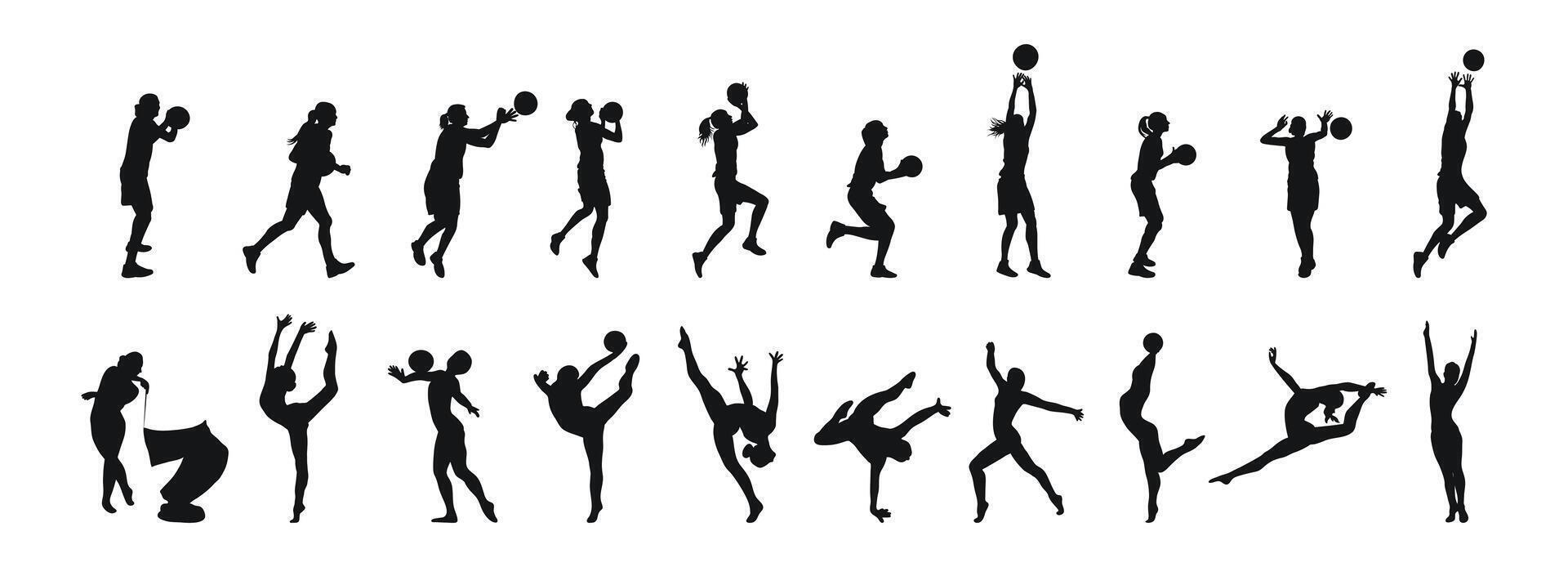 ensemble Célibataire silhouettes de aux femmes des sports. basket-ball, gymnastique suédoise, gymnastique vecteur