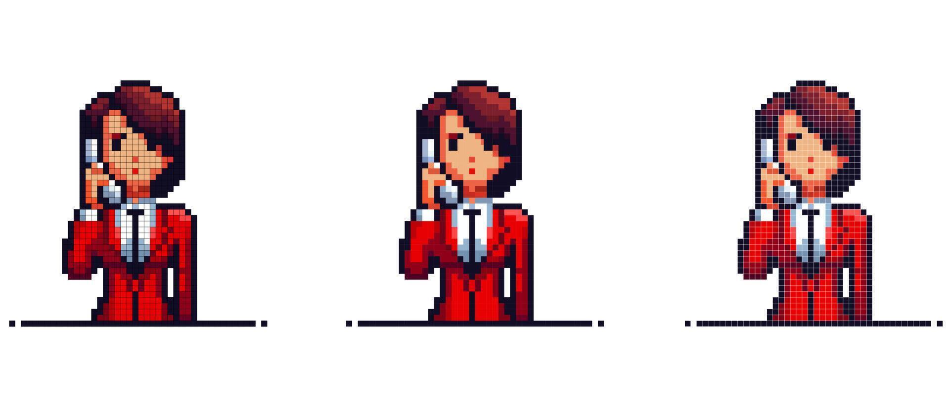pixel art personnage en portant téléphone portant rouge costume avec cravate, Bureau ouvrier. vecteur