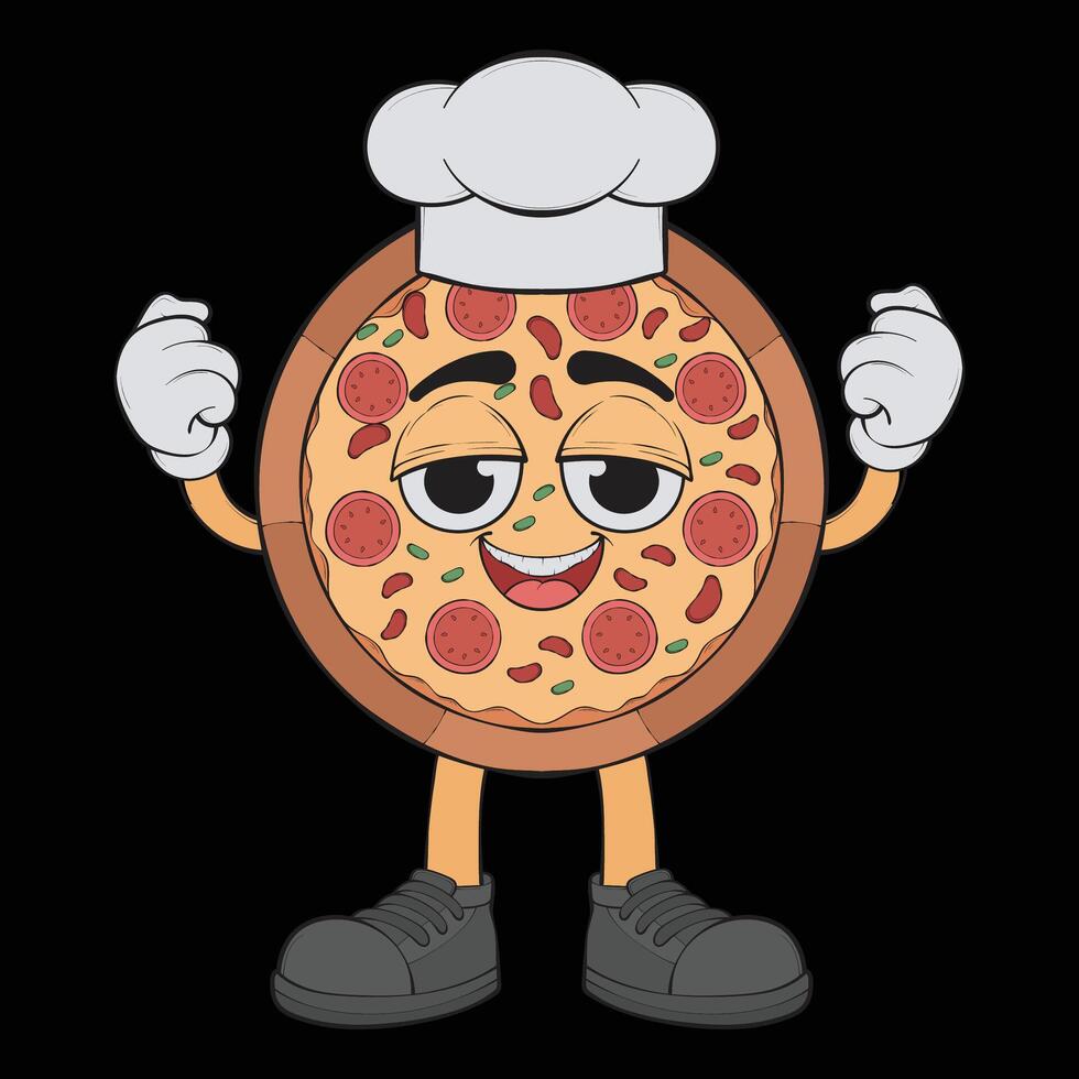 dessin animé Pizza personnage. content pizzeria mascotte personnage. coloration page. vecteur