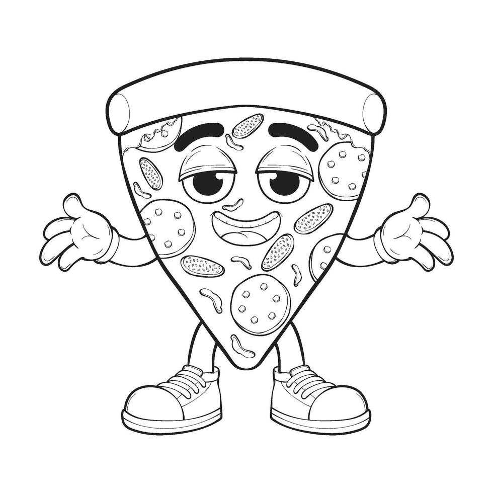 dessin animé Pizza personnage. contour de Pizza avec fromage. content pizzeria mascotte personnage. coloration page. vecteur