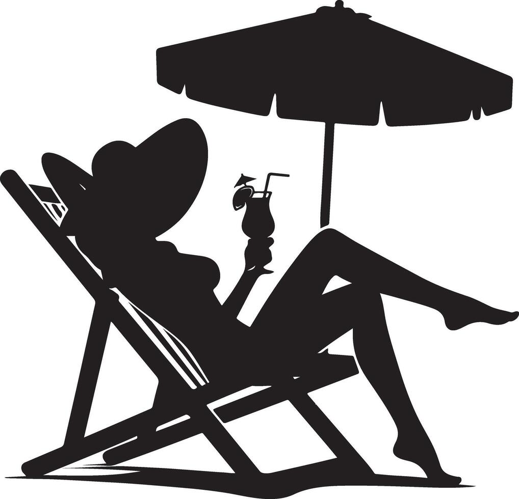 une femme relaxant sur une plage chaise avec boire, noir Couleur silhouette vecteur