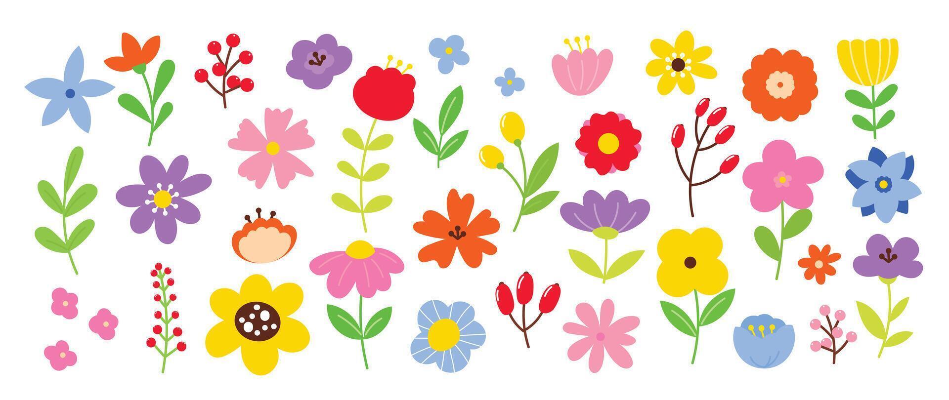 collection de printemps coloré fleur éléments . ensemble floral de fleur sauvage, feuille bifurquer, feuillage sur blanc Contexte. main tiré fleur illustration pour décor, Pâques, autocollant, clipart, imprimer. vecteur