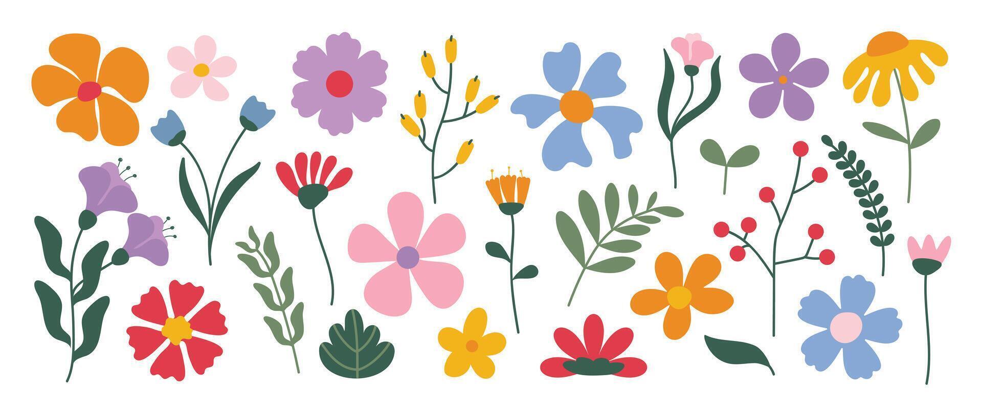 collection de printemps coloré fleur éléments . ensemble floral de fleur sauvage, feuille bifurquer, feuillage sur blanc Contexte. main tiré fleur illustration pour décor, Pâques, autocollant, clipart, imprimer. vecteur