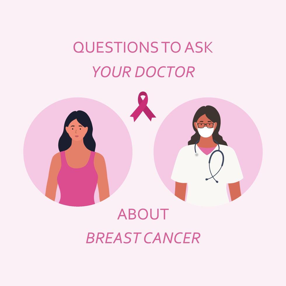 deux femmes avec rose ruban et le mots des questions à demander votre médecin à propos Sein cancer vecteur