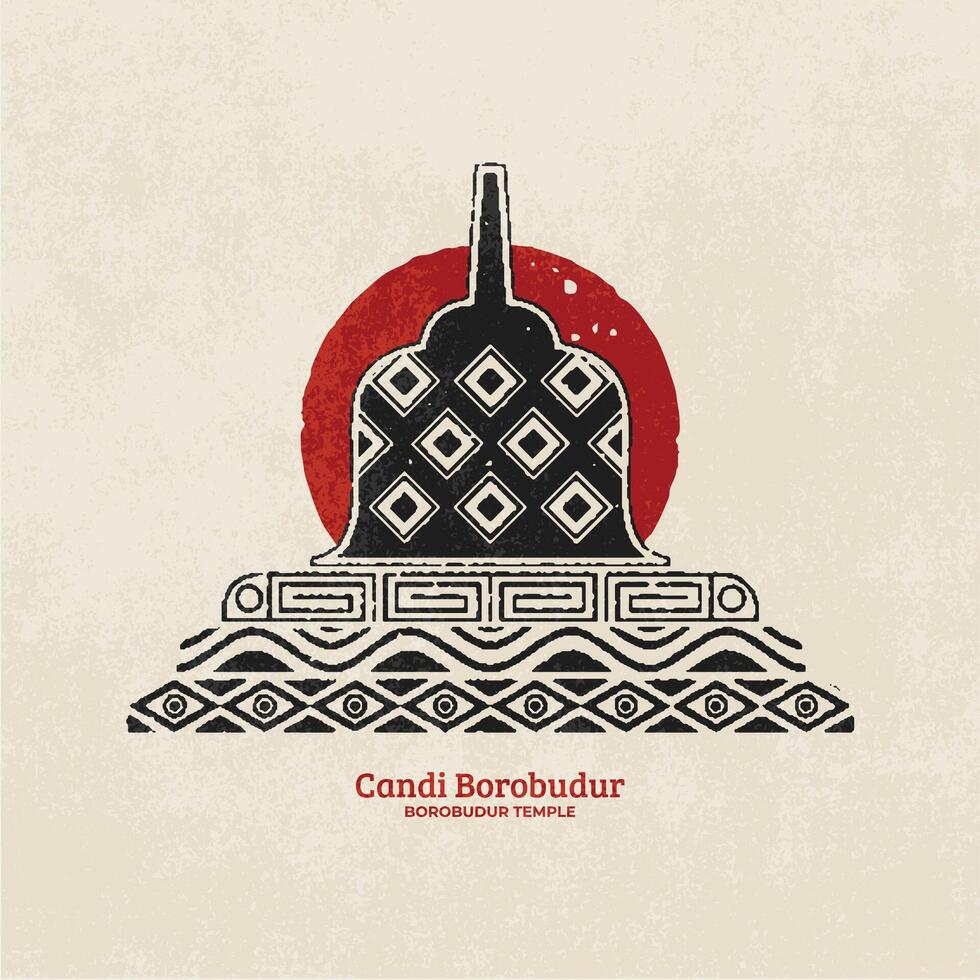 borobudur temple illustration icône conception main tiré ancien grunge géométrique. vecteur