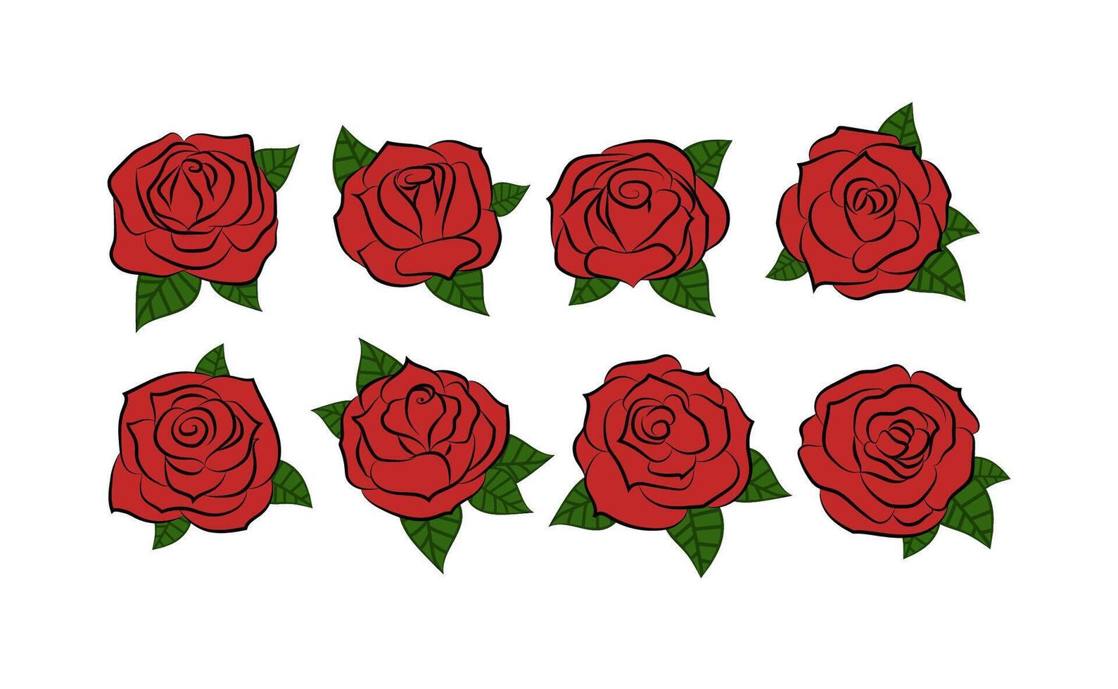 une ensemble de six main tiré rouge des roses avec feuilles vecteur