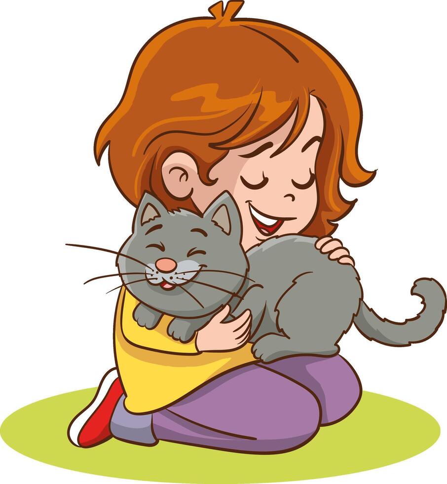 content préscolaire fille enfant embrassement et tapoter chat. souriant enfant, en portant adorable animal de compagnie chaton. enfant dessin animé personnage avec chat. enfance national animal minou. plat isolé illustration vecteur