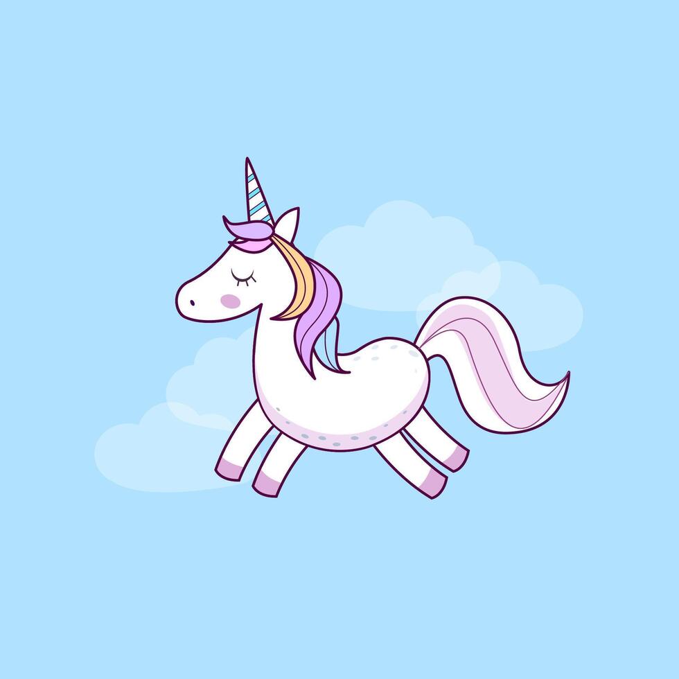 une dessin animé Licorne en volant dans le ciel vecteur