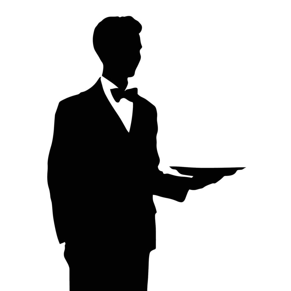 silhouette de serveur dans smoking en portant plateau vecteur