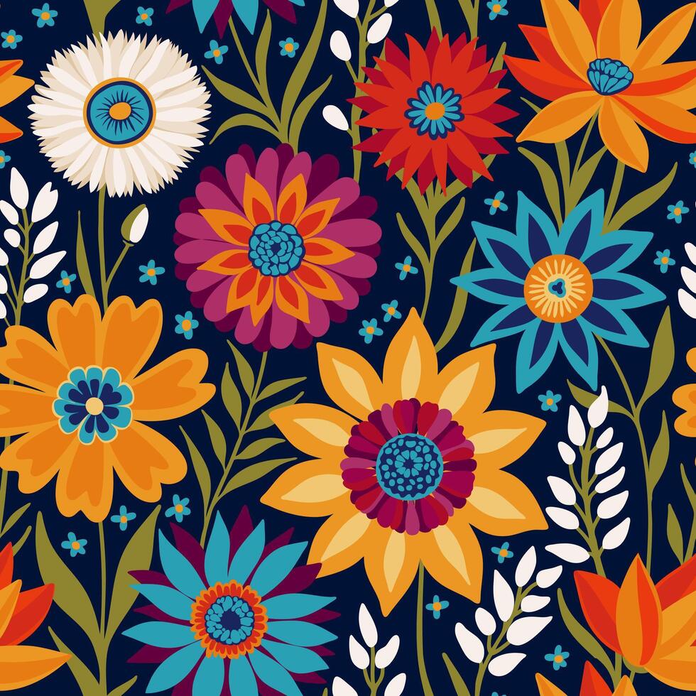 floral sans couture Aléatoire modèle avec coloful fantaisie fleurs dans bohémien style, vibrant arrière-plan, génial pour textile, surface, fonds d'écran, emballage papier, tissus, décor ornement. vecteur