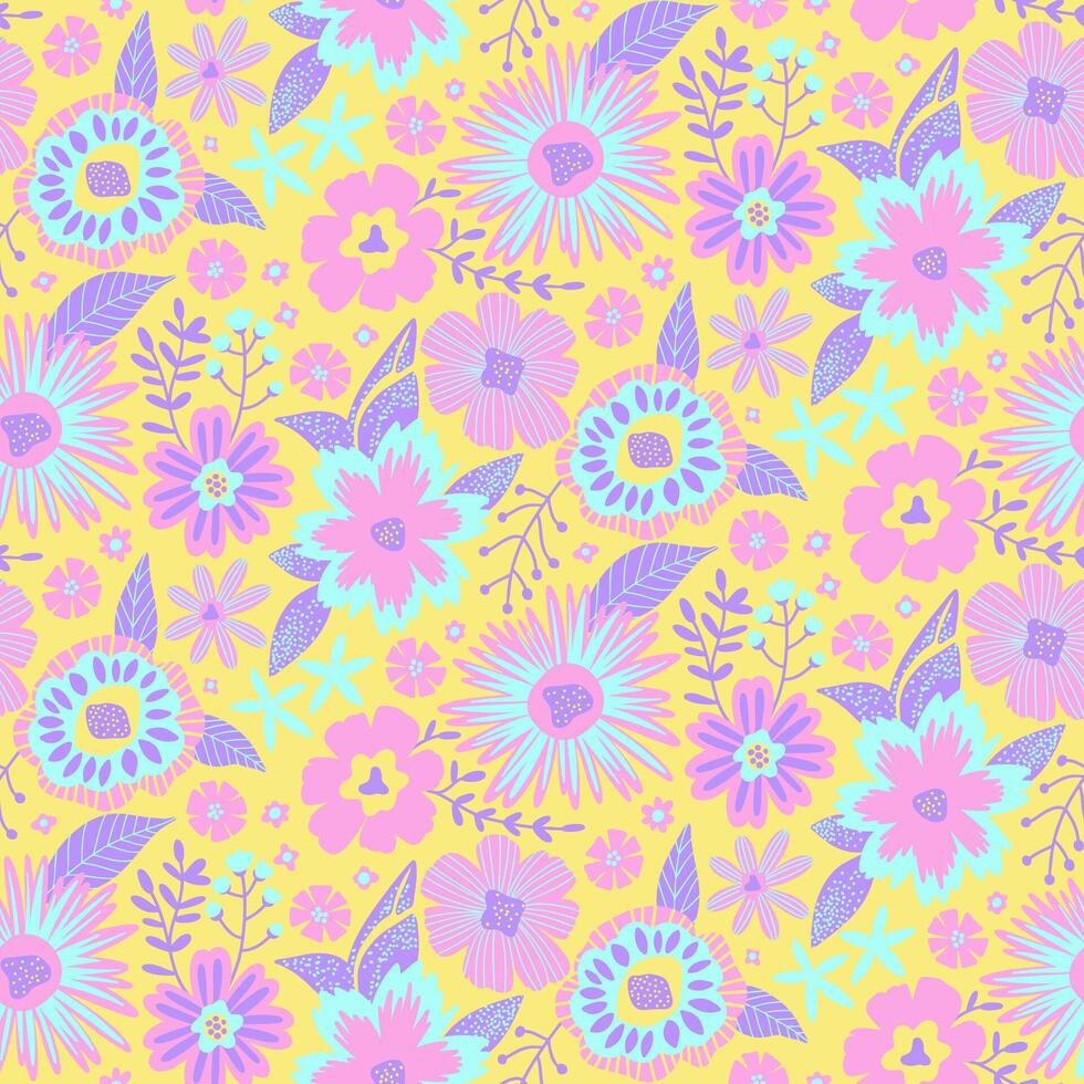 floral sans couture moitié laissez tomber modèle avec fantaisie feuilles et fleurs dans pastel couleurs. répéter fond d'écran impression texture. à la perfection pour emballage papier, textile, tissu, décor ornement. vecteur