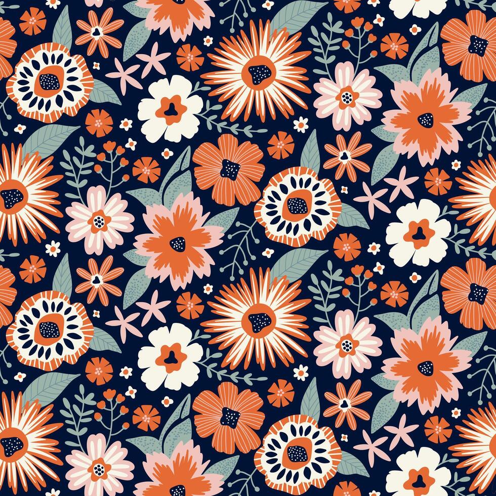 floral sans couture modèle dans contemporain plat style six couleurs orange, vert, blanc, rose, marine bleu. répéter fond d'écran impression texture. à la perfection pour emballage papier, textile, tissu, décor ornement. vecteur