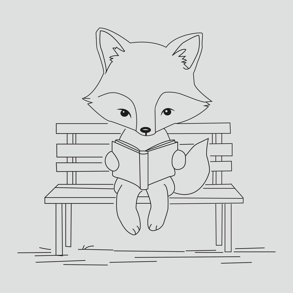 Renard en train de lire livre sur banc mignonne ligne dessin vecteur