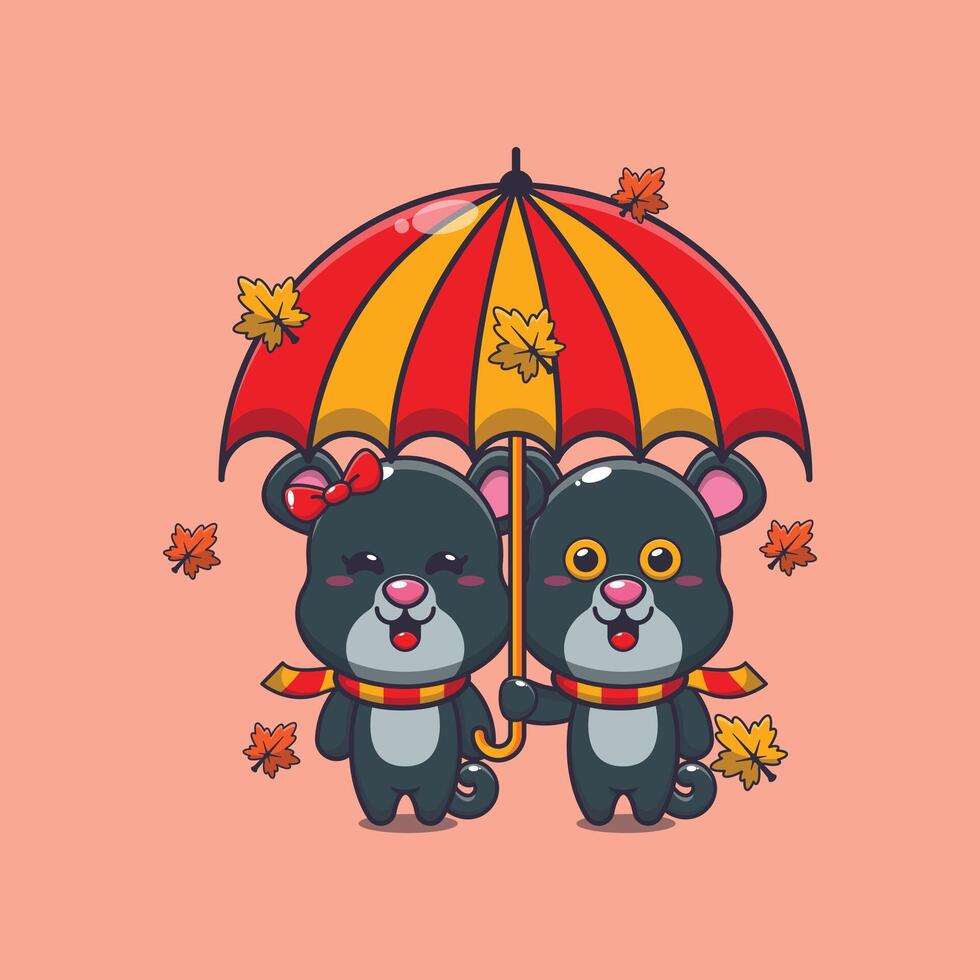 mignonne couple panthère avec parapluie à l'automne saison. vecteur