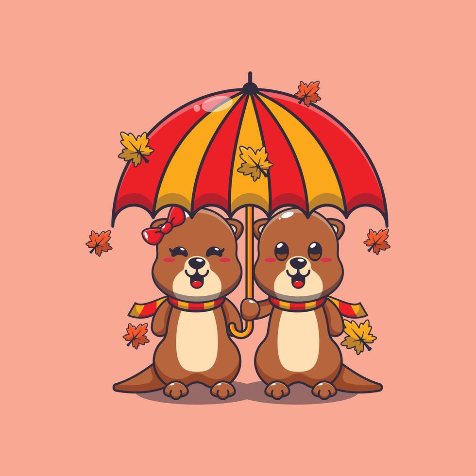 mignonne couple loutre avec parapluie à l'automne saison. vecteur